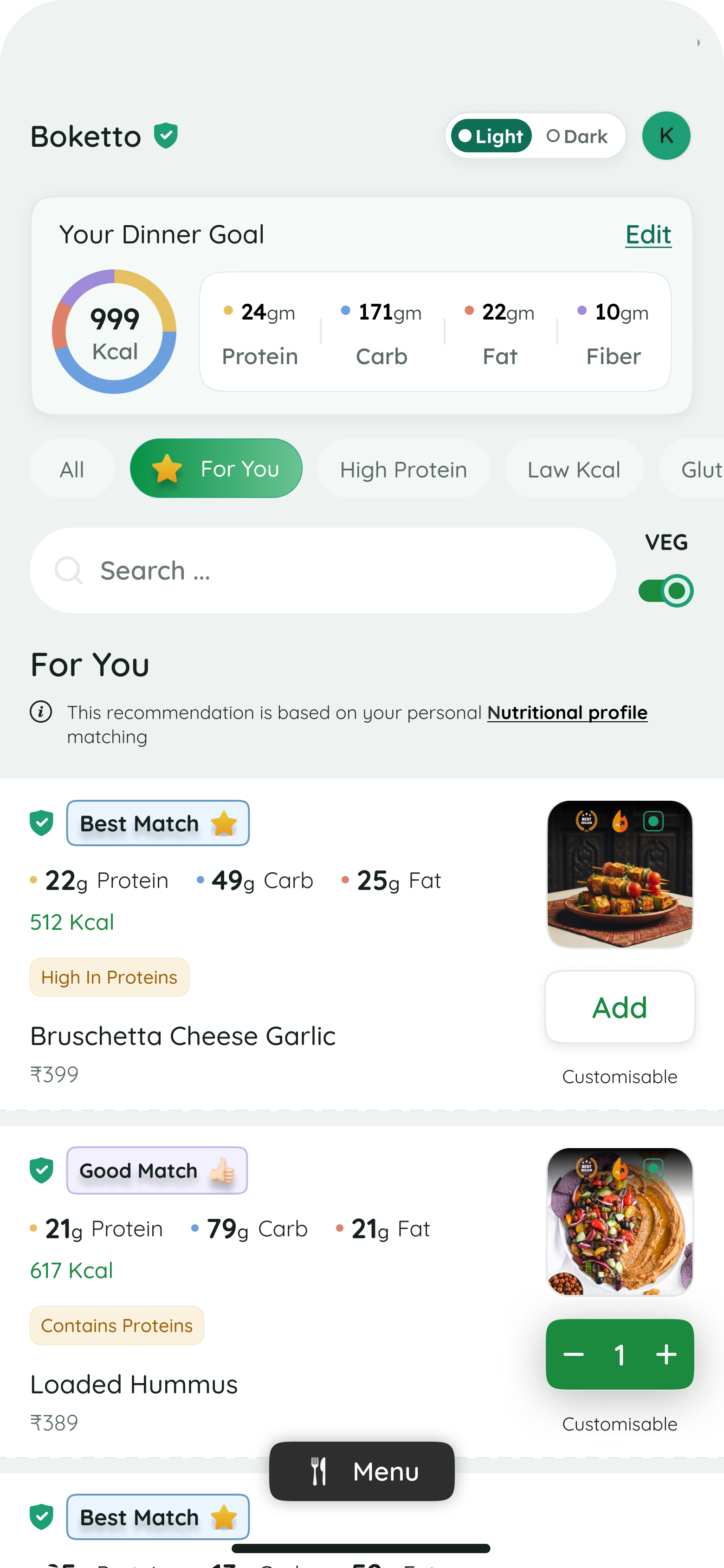 Guest QR menu app personalized dinner goal and recommended dishes