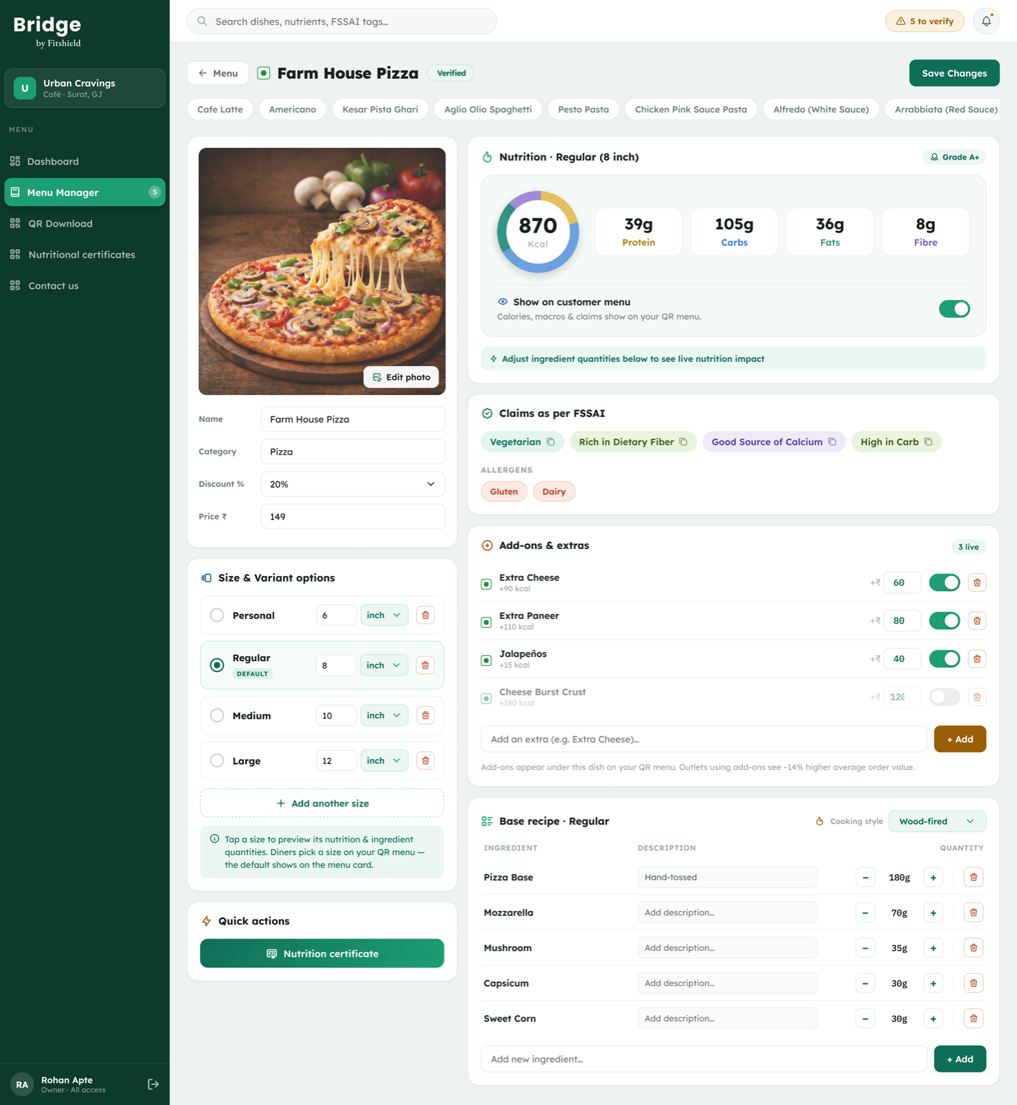 BRIDGE partner panel menu manager with live nutrition, FSSAI claims and ingredient editing
